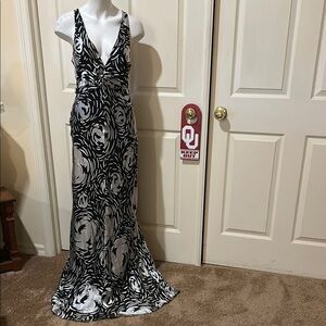 BCBGMaxAzria Black and White Silk Blend Embellished Maxi Dress. Lined. Halter